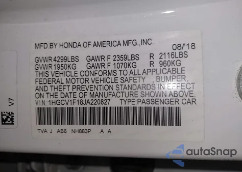 2018 Honda Accord Lx из США, поврежденный, VIN 1HGCV1F18JA220827